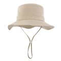 Detail view of breathable mesh panel and adjustable windproof cord on a summer sun hat - Khaki