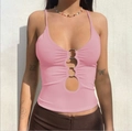 Pink slim fit halter top with front cutout detail and three metal ring buckles - Pink
