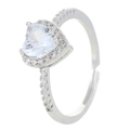 Adjustable silver ring featuring a sparkling heart-shaped zircon and pave stone setting - Silver White Heart Zirconia Ring (N-896)