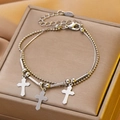 Double-layered silver stainless steel bracelet featuring three polished cross pendants - Stainless Steel Silver Three Crosses Bracelet (10853)