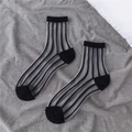 Detail of sheer striped mid-calf socks with reinforced heel and contrast texture - One Size (34-40) / Black Vertical Stripes
