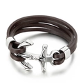 Gevlochten meerlaagse donkerbruine leren herenarmband met een zilveren ankersluiting - Zilveren Reliëf Anker Donkerbruin Leren Koord (KB73810-BD)
