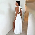 Elegant white halter neck backless maxi dress with high slit for summer vacation - S / White