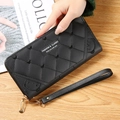 Women's black long zip wallet with quilted pattern and bear embroidery detail - Black