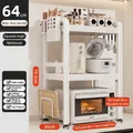 3-tier white carbon steel kitchen rack for microwave and oven storage with hooks - 3-Tier Fixed-64cm-Cream White-Full Set