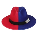 Detail of red and blue wool fedora hat featuring a black pearl and rivet ribbon band - Red Blue With Pearls