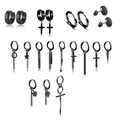 Ensemble de boucles d'oreilles en acier noir mat avec motifs crâne, croix et étoile - Ensemble de 12 Paires de Boucles d'Oreilles d'Halloween Noires (Set Style 16F)