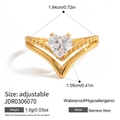 Adjustable V-shaped 18K gold stainless steel ring with a heart zircon and side stones - Gold V-Shape Heart Zirconia Style (JDR0306070)