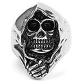 Detailed macro shot of vintage silver grim reaper skull ring with gothic punk design - US Size 8 / Punk Retro Style (06307)