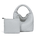 Light gray woven bucket bag set with matching zippered pouch in high-quality silk texture - Agate Grey