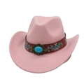 Pink felt western cowboy hat with bohemian turquoise stone and embroidered band - One Size / Pink (Brown Embroidered Leather Band)