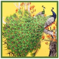Artistic peacock silk square scarf with vibrant floral patterns on bright yellow backdrop - 90cm*90cm / Green