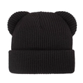 Close-up of black knitted baby hat with bear ears and thick ribbed texture design - Black