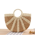Sac à main bicolore beige et marron clair en corde de papier tressée avec anse ronde - Rayures Camel