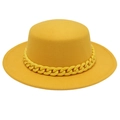 Detail of yellow wool felt boater hat with a matching plastic chain decoration on the crown - Yellow With Natural Acrylic Chain