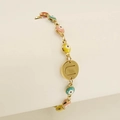 Gold Evil Eye bracelet with multicolored enamel beads and a round pendant featuring letter U - Letter U