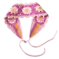 Detail of pink and purple crochet daisy headband with yellow centers and adjustable straps - Purple