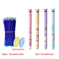Cartoon unicorn erasable pen set with four colorful pens, fifty refills and two erasers - Unicorn Style Pens And Refills And Erasers / Black Ink