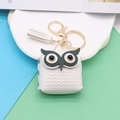 White PU leather owl coin purse keychain with green accents and tassel detail - White