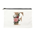 White canvas makeup bag with golden zipper featuring letter F and pink floral patterns - Letter F