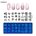 Detail of OMQ-05 nail stamping plate featuring floral rose patterns and sample manicure - Rose Floral Theme (OM-Q Stamping Template 05)