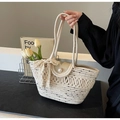 Chic woven tote bag in cream white with a large pearl clasp and lace bow detail - Large Black Dots Hollow with Silk Scarf
