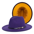 Two-tone wool fedora hat in dark purple with black leather band and orange lining - Purple+Yellow