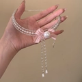 Elegant double-layered pearl choker with a pink silk bow and sparkling rhinestone accents - Double Layer Pearl Pink Silk Bow Style / Pink