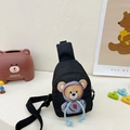 Black kids cartoon bear crossbody bag with adjustable strap for outdoor travel - Black