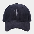 Close-up of white faith cross embroidery on navy blue corduroy baseball cap texture - Adjustable / Navy Blue