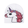 Detailansicht einer weißen Strickmütze mit farbenfrohem Einhorn-Motiv für Kinder - M(48-52cm) / Weiß