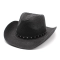 Dettagli della trama del cappello da cowboy in paglia nera con borchie e fascia in pelle - M (56-58cm) / Nero