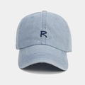 Macro view of blue denim baseball cap featuring high-quality R letter embroidery details - Adjustable / Light Blue