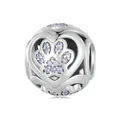S925 sterling silver heart charm with opal cat paw print and intricate hollow design - SCC2578 (Hollow Sphere Cat Paw)