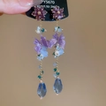 Detail of vintage teardrop earrings with purple flowers and blue crystal tassels - 16# Silver Pin Blue Purple Gradient Embroidered Tassel