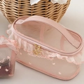Set de neceseres de malla rosa con bordado de corazones, encaje y cremallera de estrella - Bolsa de Malla con Volantes Rosa (Grande)