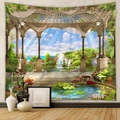 Detailed garden landscape tapestry with domed pavilion and waterfall for room decor - European Garden (GT109914)