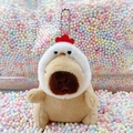 Plush capybara keychain wearing a cute white chicken costume with a silver bead chain - Chick Hat Light Brown + Bead Chain