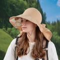 Khaki sun hat with neck flap and tropical leaf print lining for outdoor UV protection - Khaki Leaf