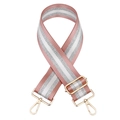 Pink and silver striped adjustable nylon shoulder strap with gold metal hooks on white background - Pink