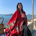 Ethnic style large red shawl scarf with geometric horse harness print for beach vacation - Red With Leather Buckle Pattern
