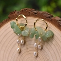 Natural freshwater pearl and green stone drop earrings with vintage gold hoop finish - Green Aventurine