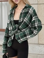 Women's vintage green and black plaid long sleeve shirt with a loose fit and knot detail - M / Green