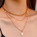 Three-layer gold necklace set featuring thick Cuban chain and star pendant detail - Gold 3-Layer Cuban Chain Pentagram Style (WG-0291)