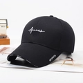 Classic black cotton baseball cap with white script embroidery and sporty visor details - Adjustable / Black