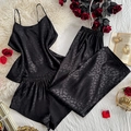Three-piece black silk satin pajamas with leopard jacquard and floral props - S / Black Jacquard