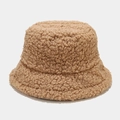 Close-up detail of the thick and soft camel faux lamb wool fabric on the winter bucket hat - M (56-58cm) / Khaki