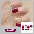 Detail view of SW617 burgundy and gold glitter nail stickers applied on elegant nails - Deep Wine Red/Gold Glitter