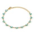 Detail of 18K gold heart evil eye bracelet with green enamel charms and lobster clasp - Heart Evil Eye Bracelet Light Green