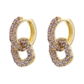 Close-up of 18K gold-plated earrings with double interlocking rings and purple zircons - Gold Purple Zirconia